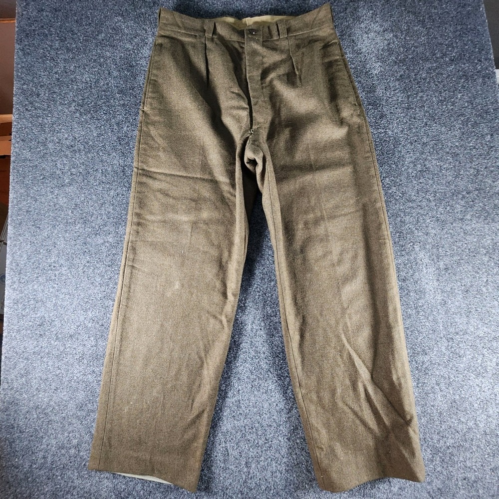 VTG 40s French Military Wool Trousers Brown Olive Drab Button Fly Pleated 32x30‎